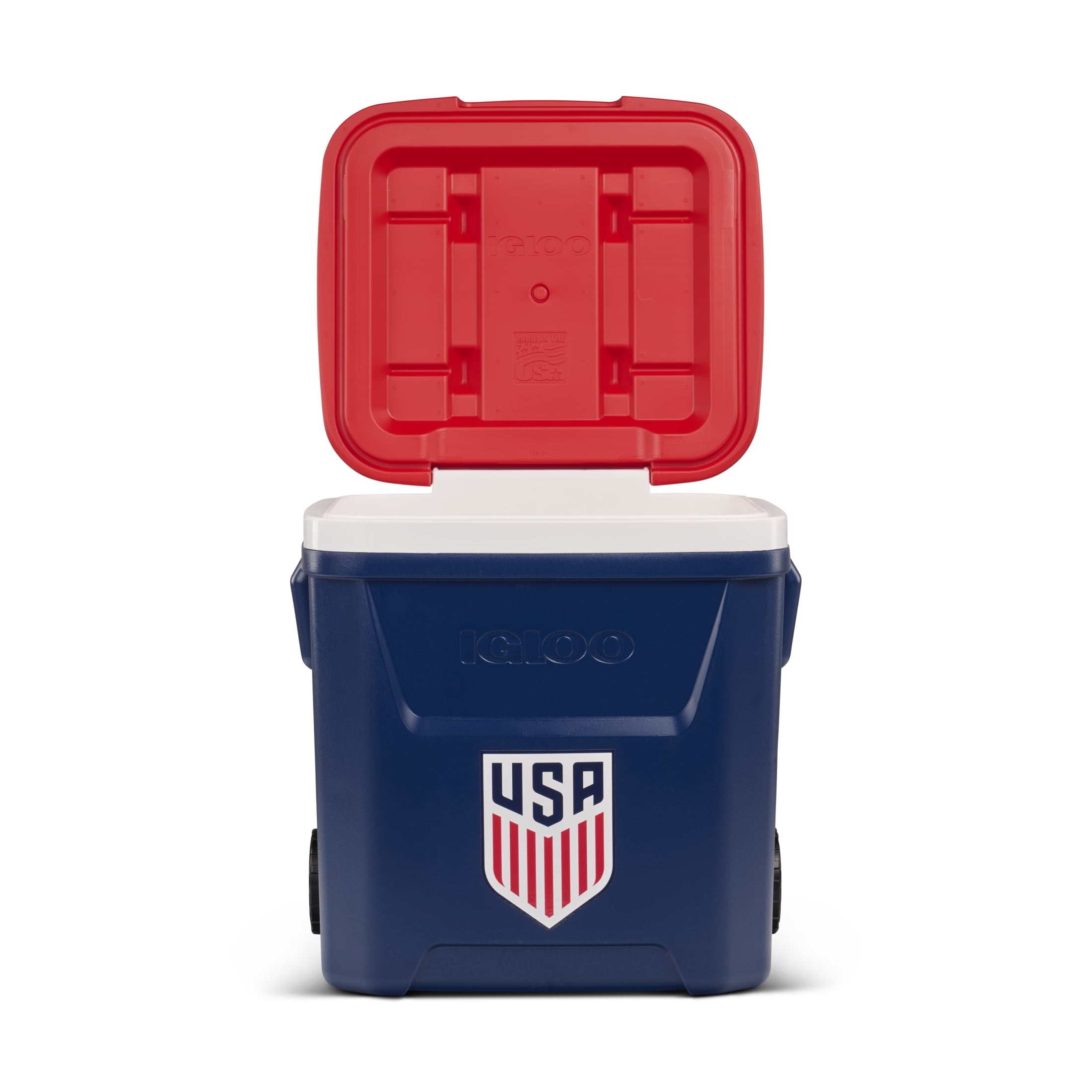 Igloo x USSF 60 QT Laguna Ice Chest Cooler with Wheels - US Soccer Rolling Cooler for Games and Practices, Red White and Blue