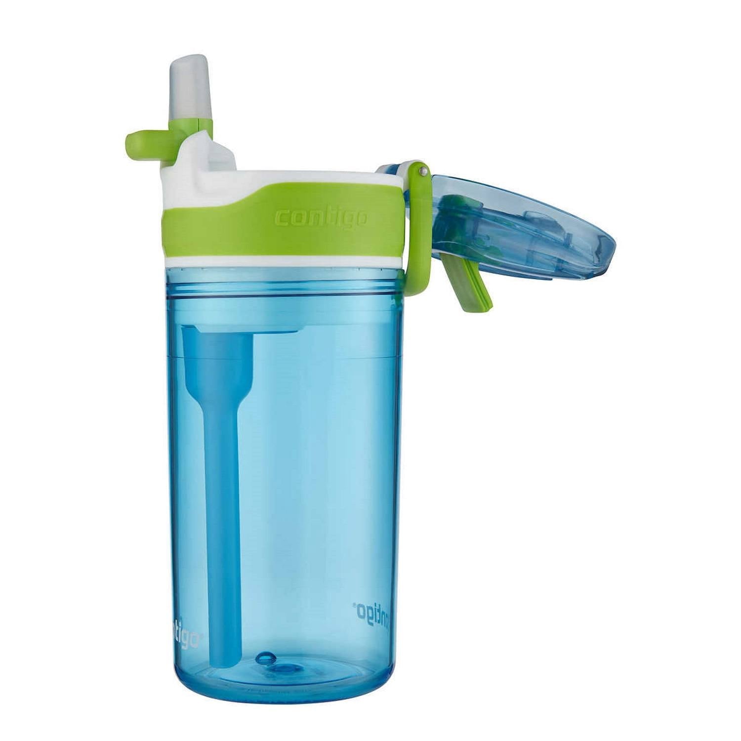 Contigo Kids 2-in-1 Snack Hero Tumbler Featuring 4oz Snack Holder Stacked on Top of 13oz Water Bottle - BPA Free - Durable Tritan w/Flexible Carry Handle & Spill-Proof Valve, Green & Blue – 2 Pack