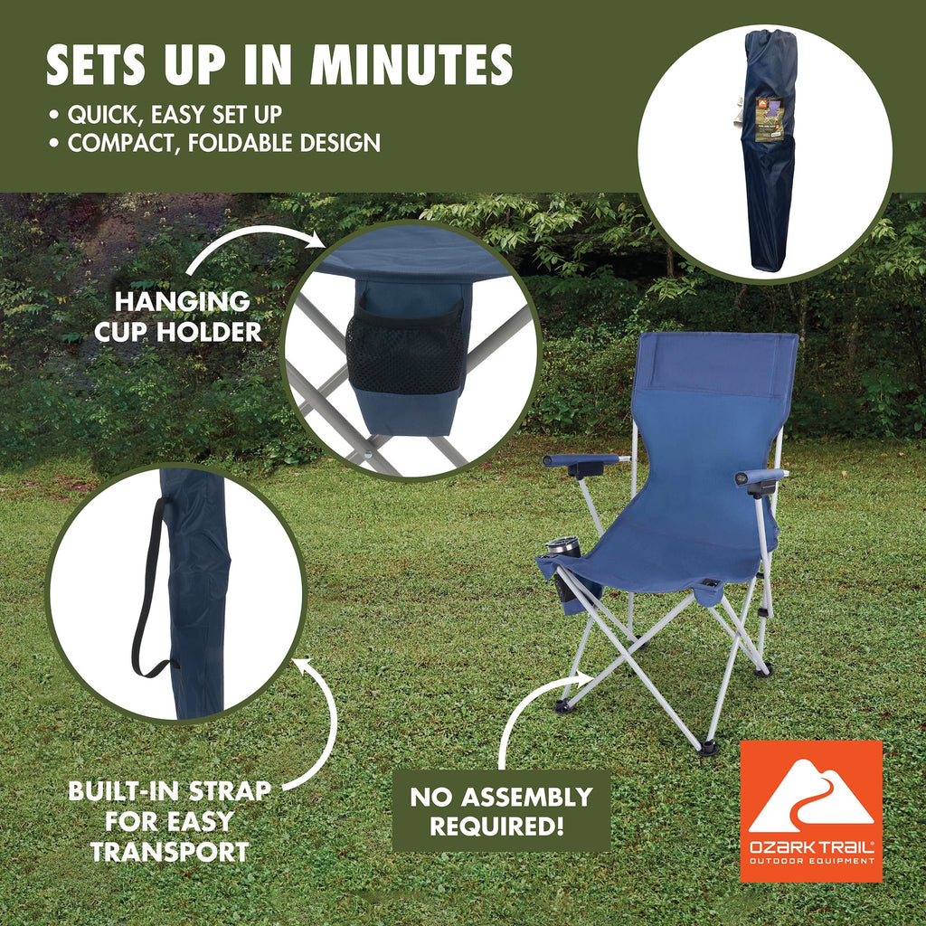 Ozark Trail Hard Arm Camping Chair with Durable Polyester Seat and Steel Frame - Portable with Cup Holder
