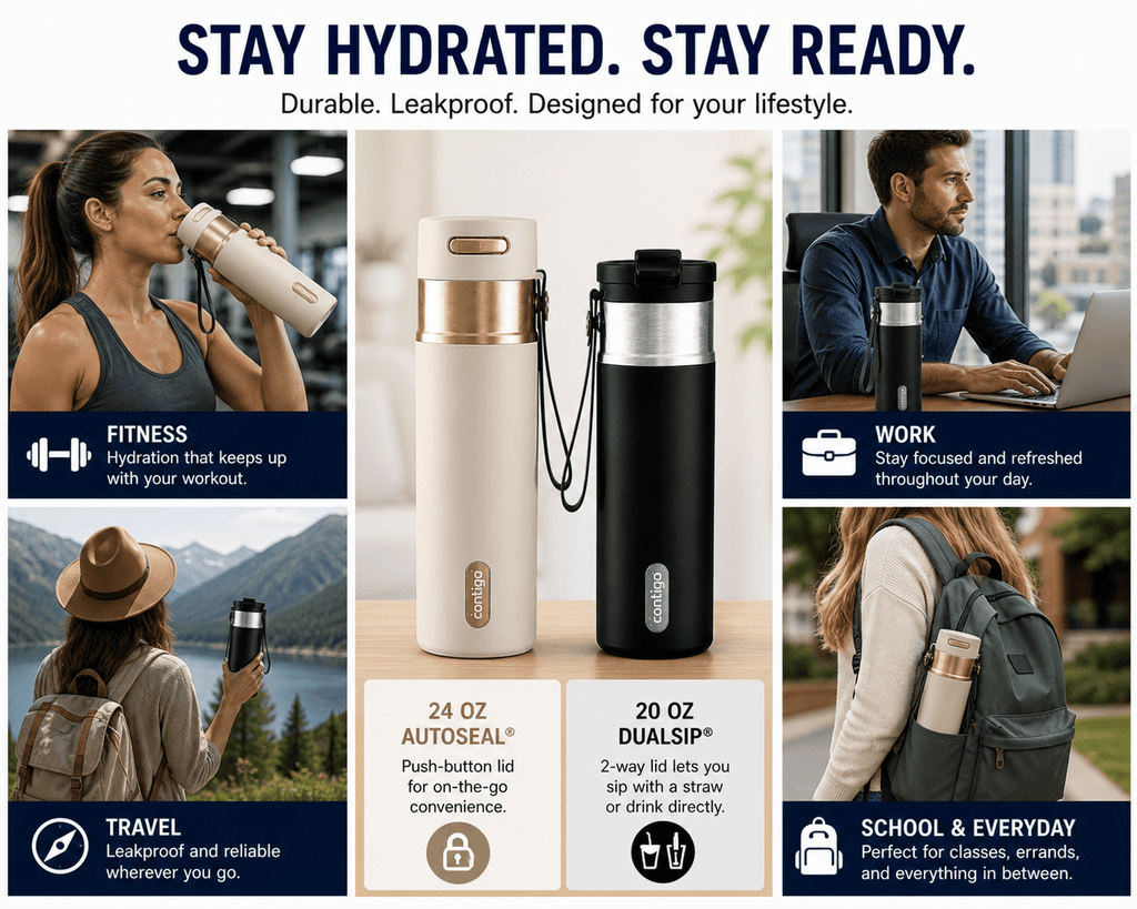 Contigo® 2-Pack Water Bottles – AutoSeal® 24 oz Leakproof Bottle with Carry Strap Oatmeal/Champagne and DualSip 20 oz Insulated Bottle with 2-Way Lid Black/Silver