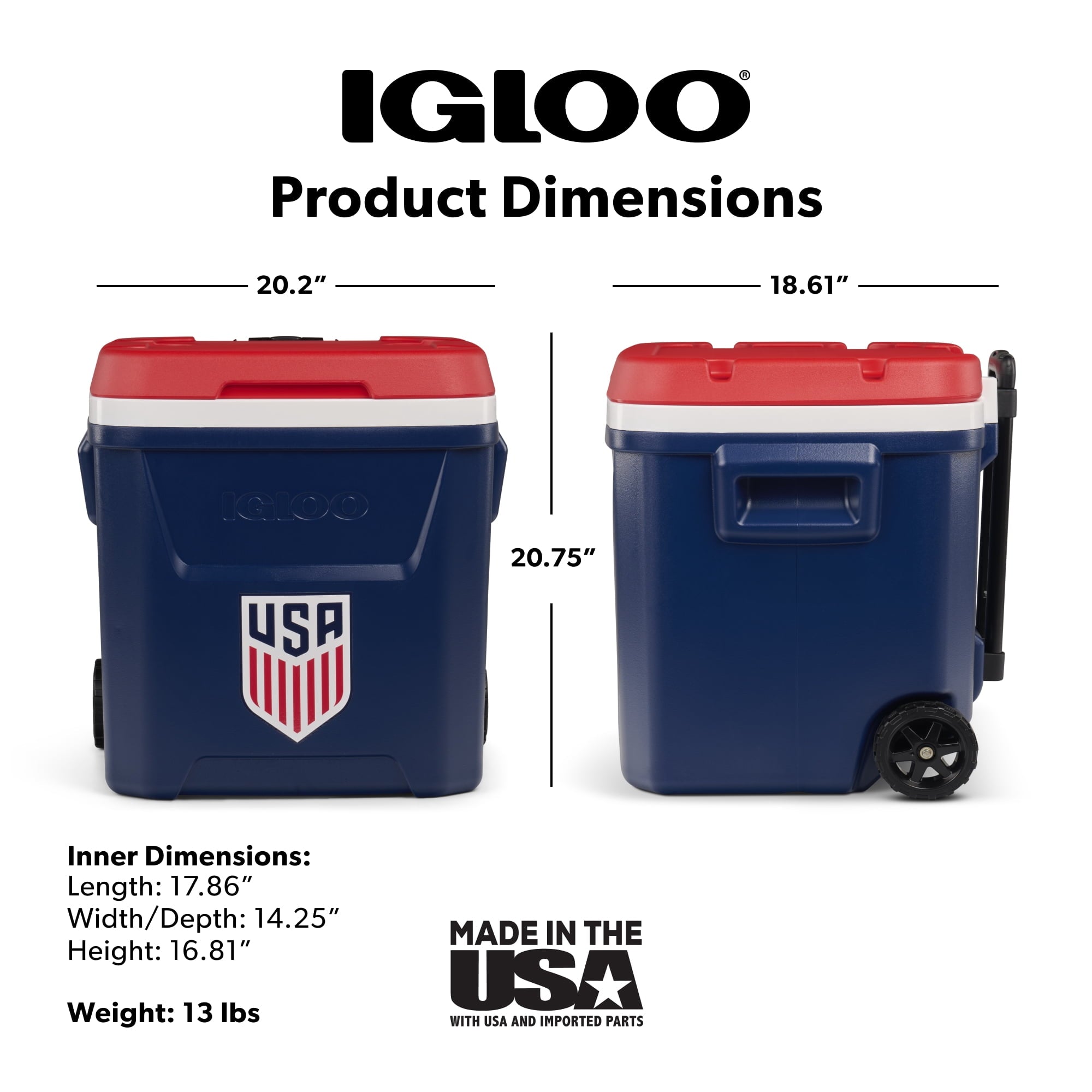 Igloo x USSF 60 QT Laguna Ice Chest Cooler with Wheels - US Soccer Rolling Cooler for Games and Practices, Red White and Blue