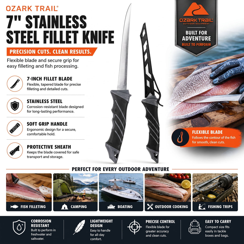 Ozark Trail 7 in Stainless Steel Fillet Knife with Soft Grip Handle & Sheath