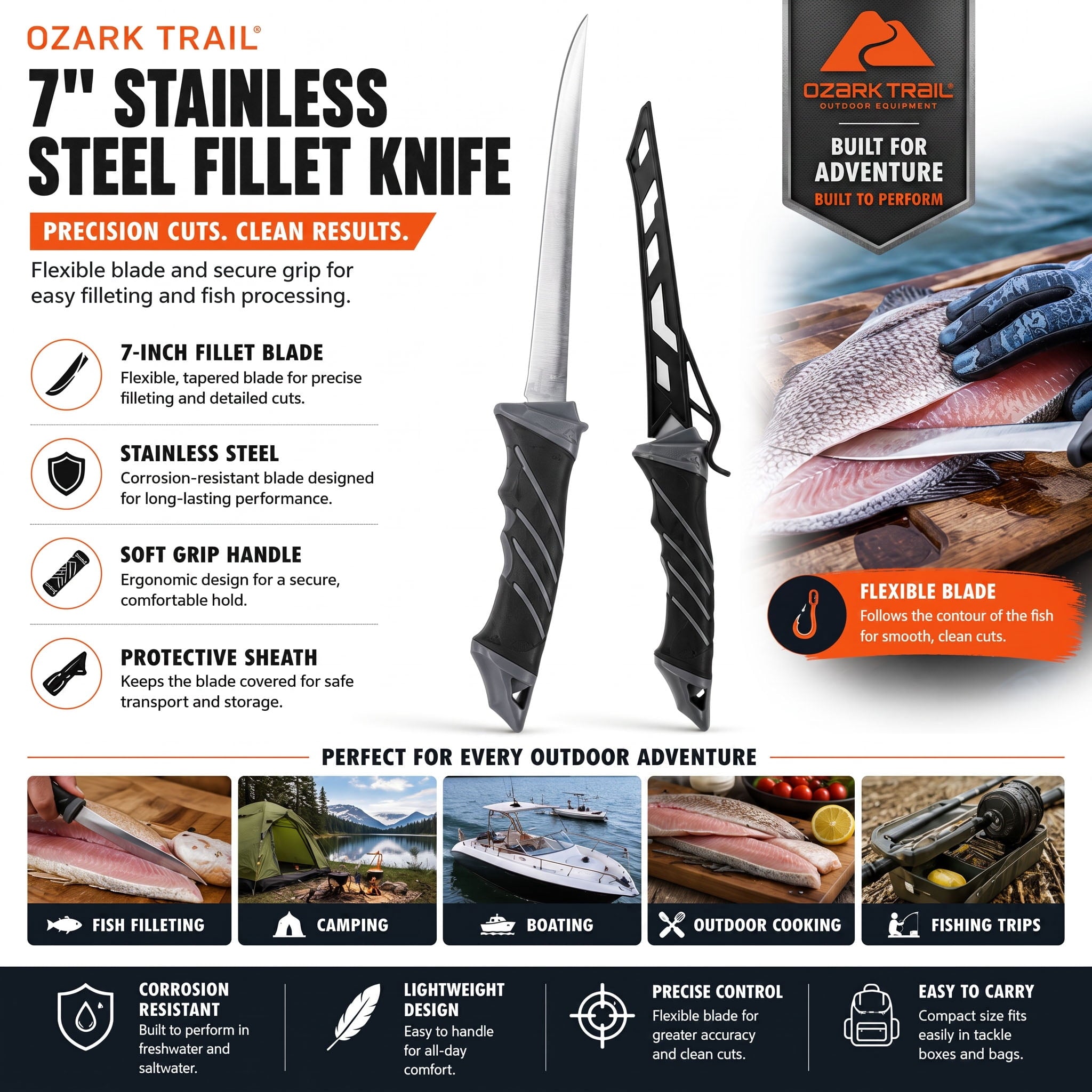 Ozark Trail 7 in Stainless Steel Fillet Knife with Soft Grip Handle & Sheath