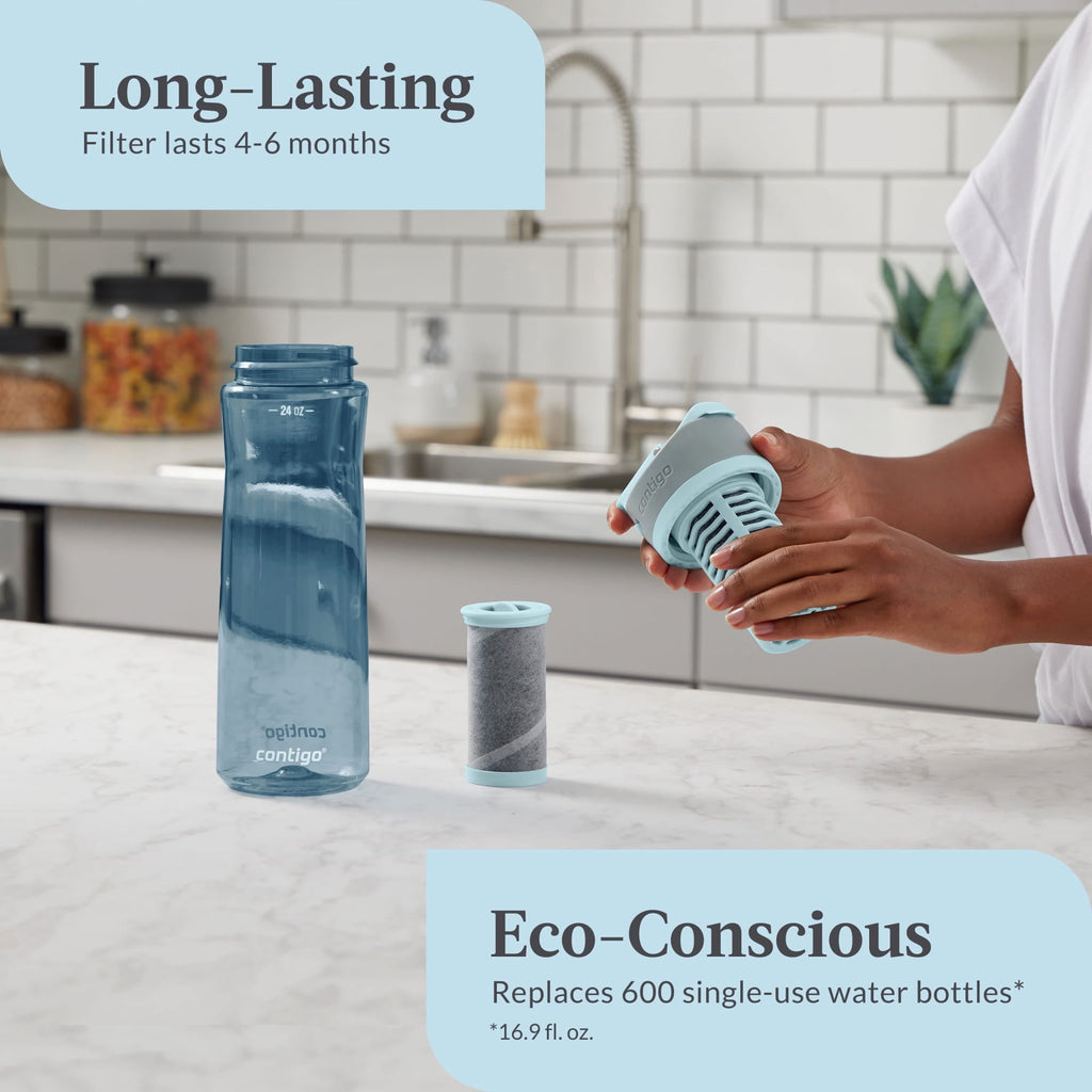 Contigo Clybourn Plastic FreeFlow Filter Water Bottle with AUTOSEAL Lid 24 oz. - Dark Ice, with Replacable Filter - 2-Pack
