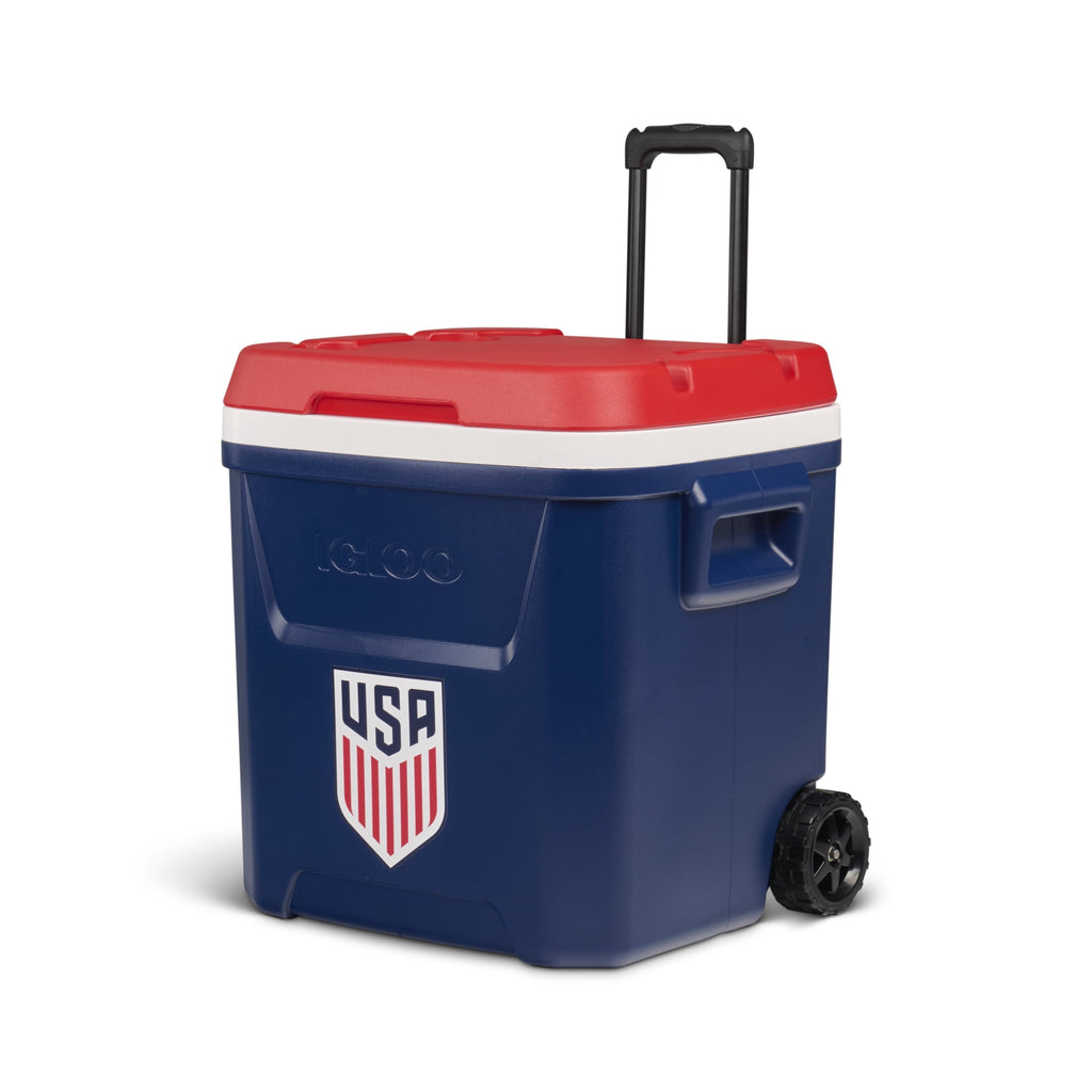 Igloo x USSF 60 QT Laguna Ice Chest Cooler with Wheels - US Soccer Rolling Cooler for Games and Practices, Red White and Blue