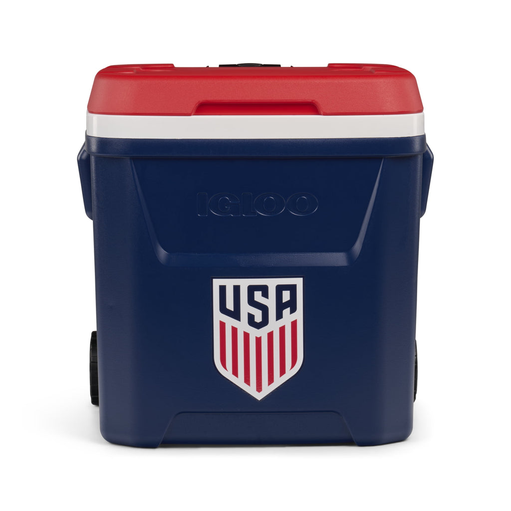 Igloo x USSF 60 QT Laguna Ice Chest Cooler with Wheels - US Soccer Rolling Cooler for Games and Practices, Red White and Blue