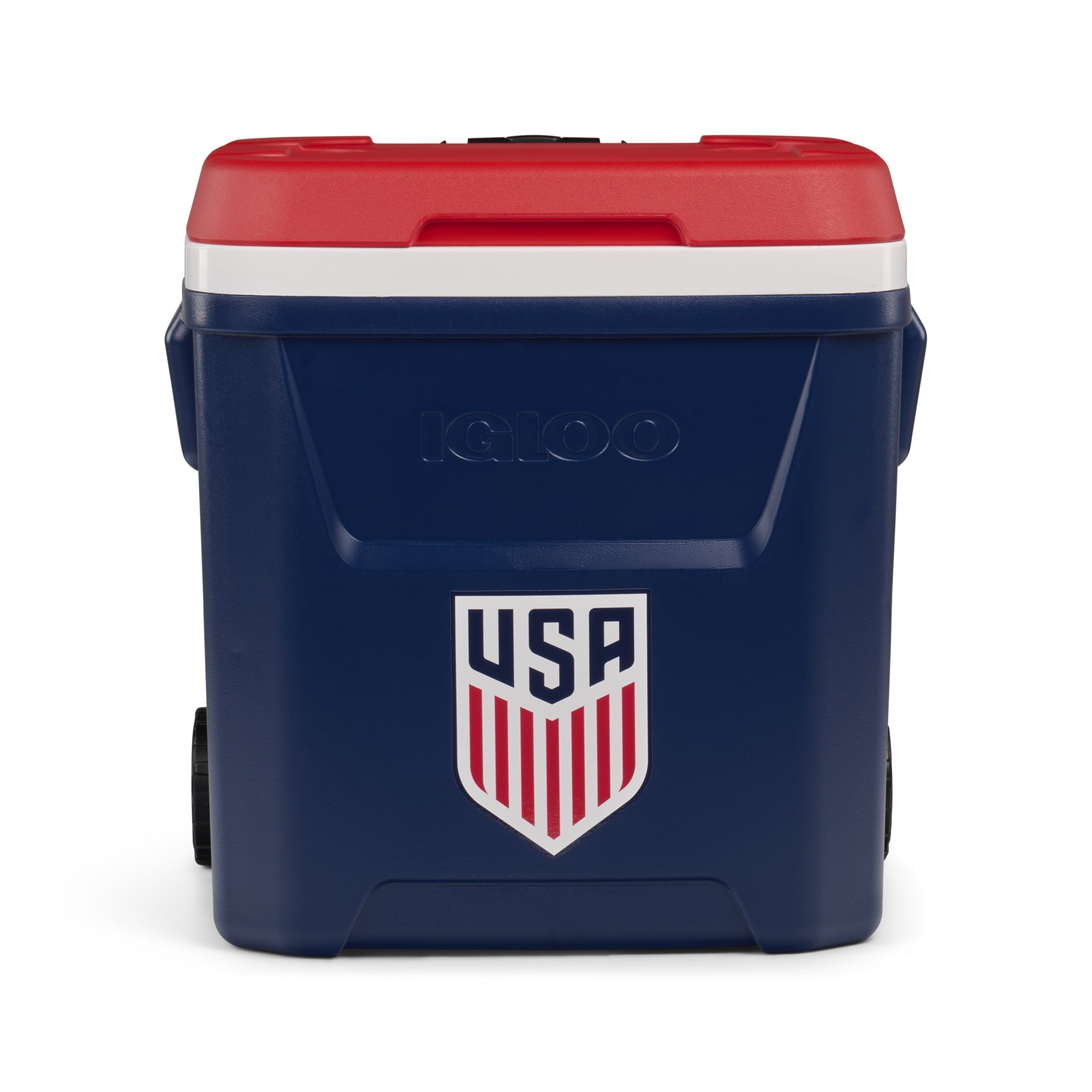 Igloo x USSF 60 QT Laguna Ice Chest Cooler with Wheels - US Soccer Rolling Cooler for Games and Practices, Red White and Blue