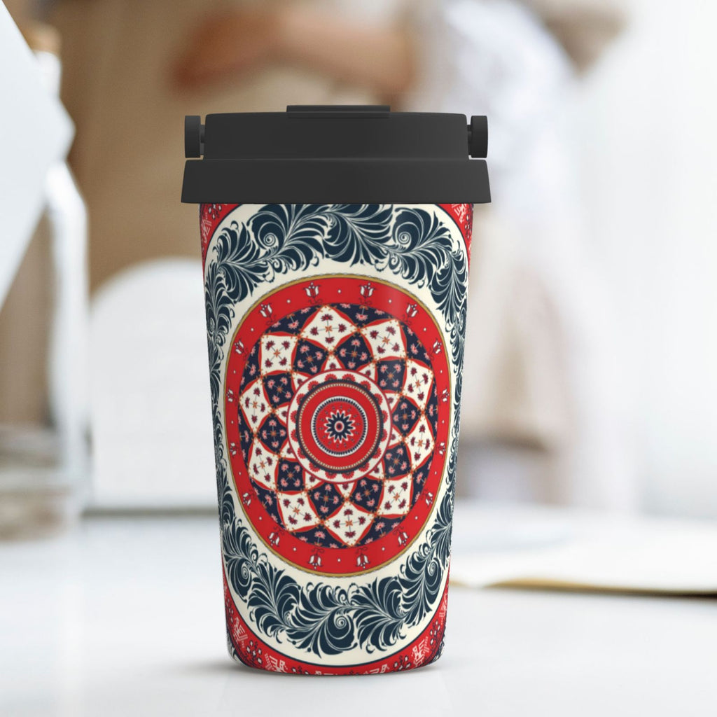 Picia Round Design Pattern 500ml Carry Insulated Coffee Mug - Stainless Steel Travel Mug with Hidden Handle, Leak-Proof for Car, Office, Home, and Outdoor Use
