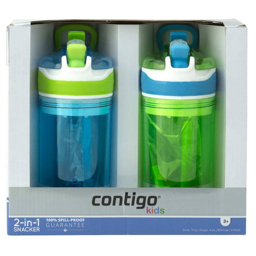 Contigo Kids 2-in-1 Snack Hero Tumbler Featuring 4oz Snack Holder Stacked on Top of 13oz Water Bottle - BPA Free - Durable Tritan w/Flexible Carry Handle & Spill-Proof Valve, Green & Blue – 2 Pack