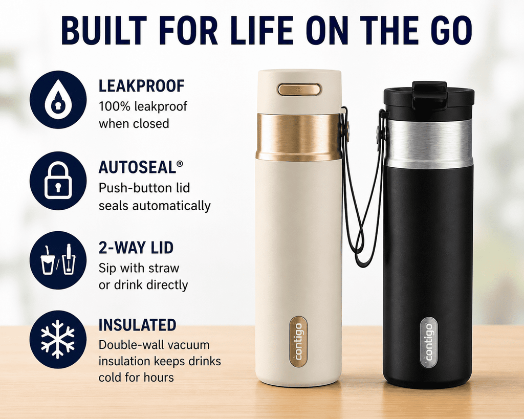 Contigo® 2-Pack Water Bottles – AutoSeal® 24 oz Leakproof Bottle with Carry Strap Oatmeal/Champagne and DualSip 20 oz Insulated Bottle with 2-Way Lid Black/Silver