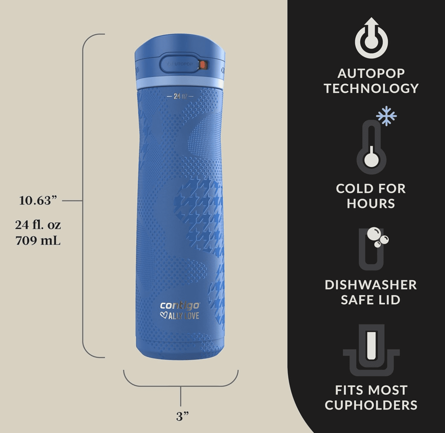 Contigo x Ally Love Jackson Chill 2.0 Stainless Steel Water Bottle - AutoPop Lid, 24 oz, Stellar Jay